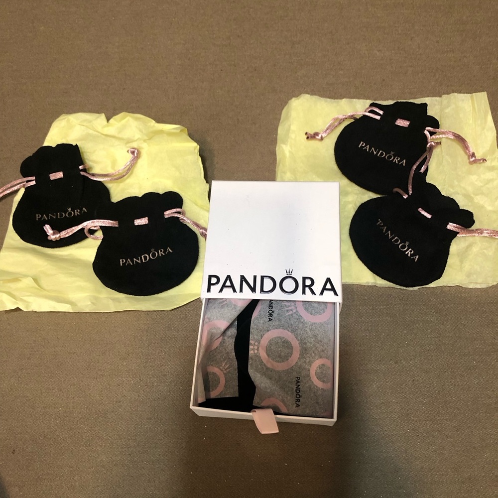 Pandora Black Velvet Pouches with Pink Drawstrings - Set of Four and Gift box